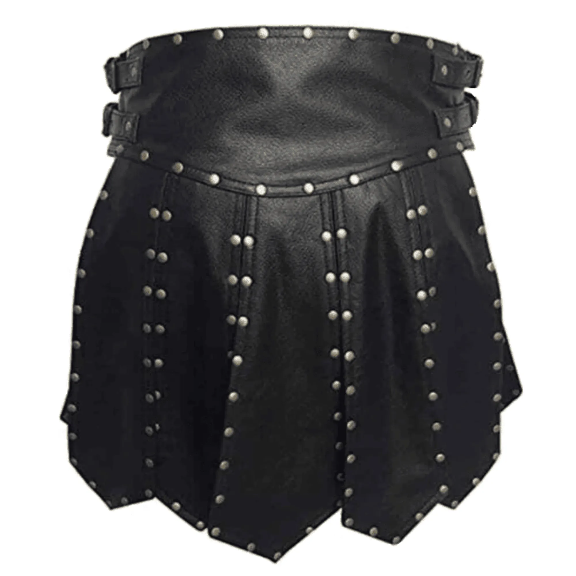 Mens Black Leather Kilt with Stud Pleated