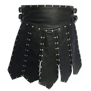 Mens Black Leather Kilt with Stud Pleated