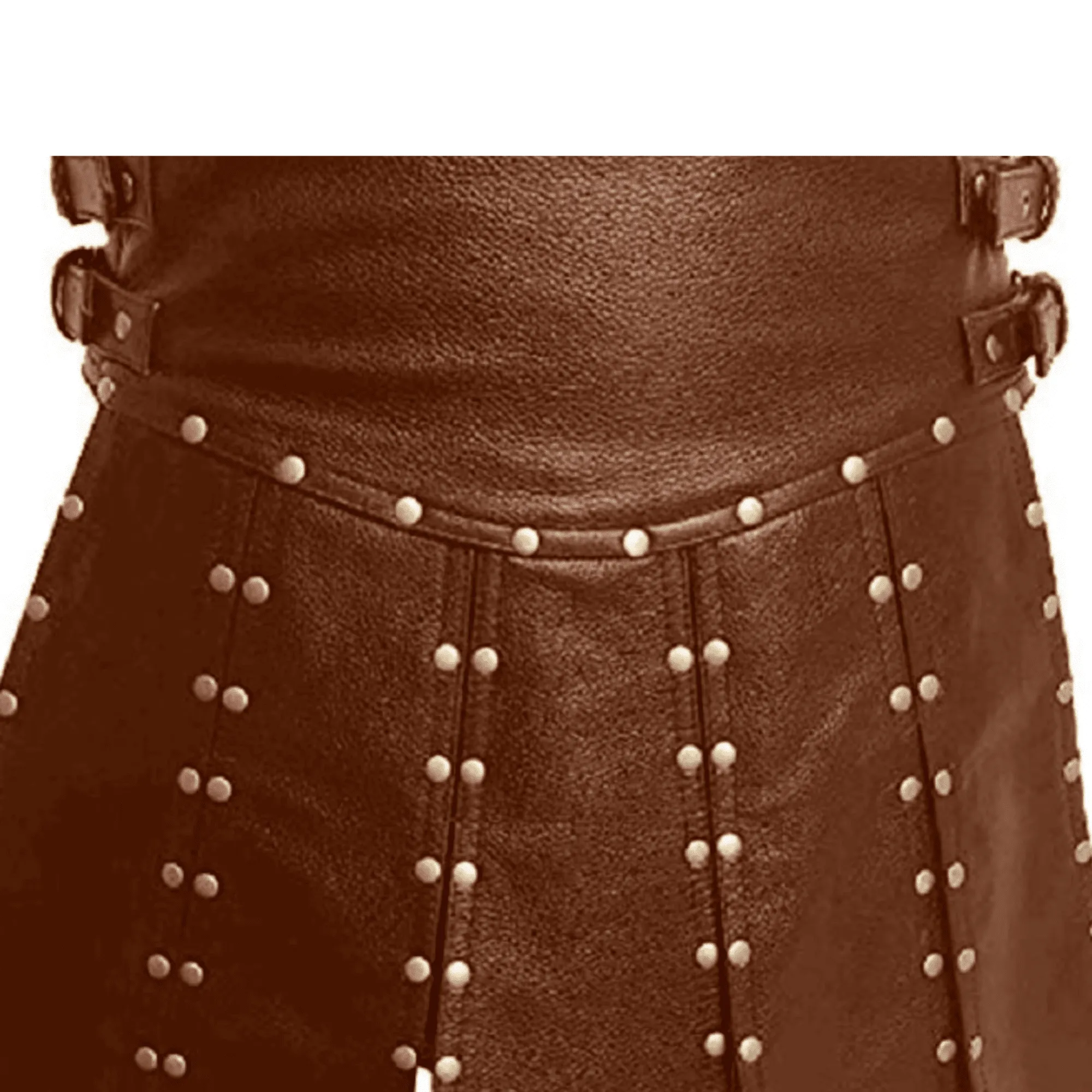 Mens Brown Leather Kilt with Stud Pleated