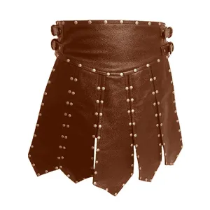 Mens Brown Leather Kilt with Stud Pleated