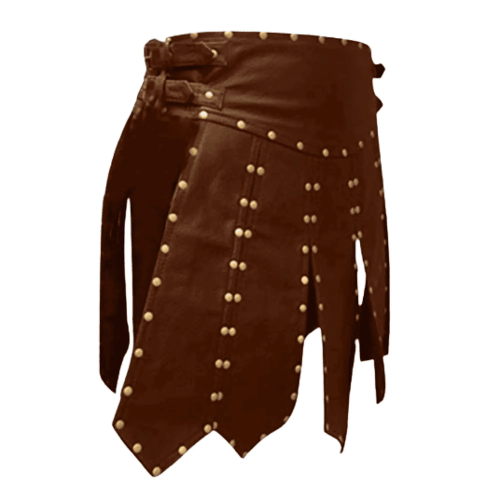 Mens Brown Leather Kilt with Stud Pleated