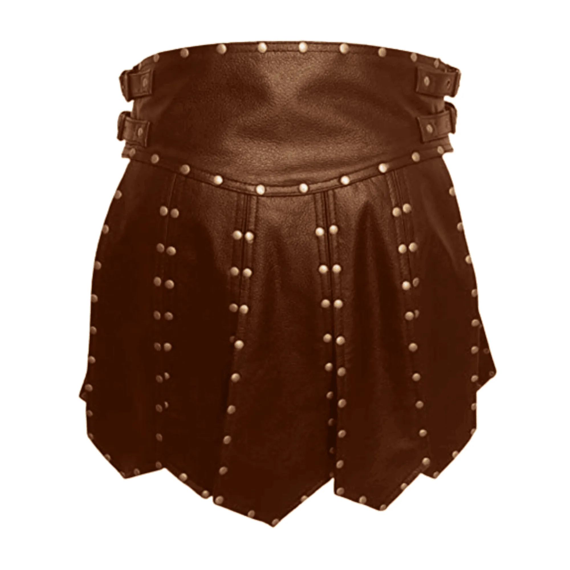 Mens Brown Leather Kilt with Stud Pleated