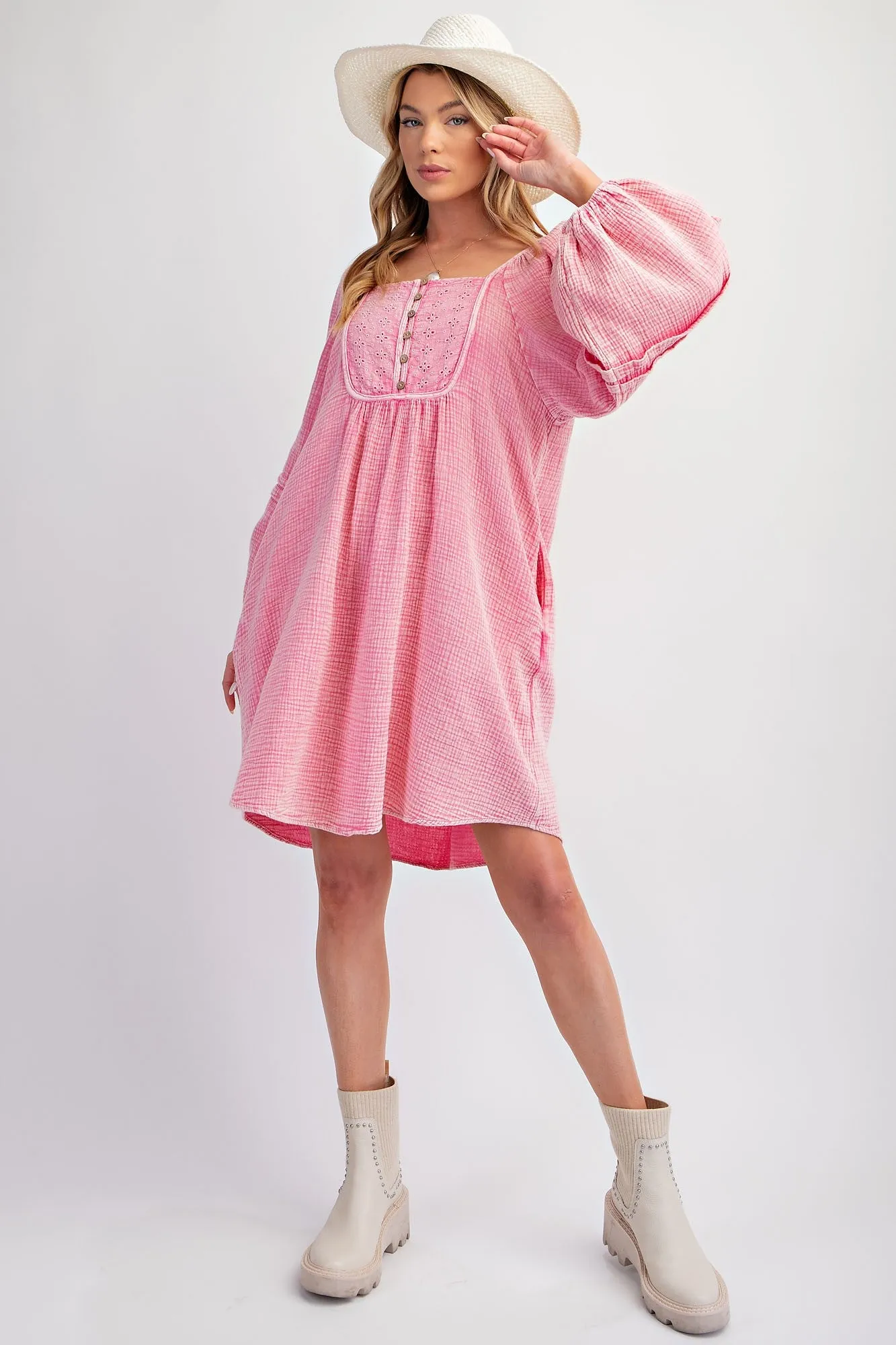 MINERAL WASHED COTTON GAUZE BABYDOLL DRESS