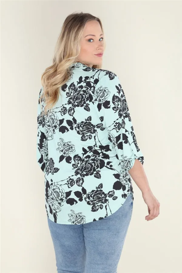 Mint Green Floral Print Plus Size Tunic Top