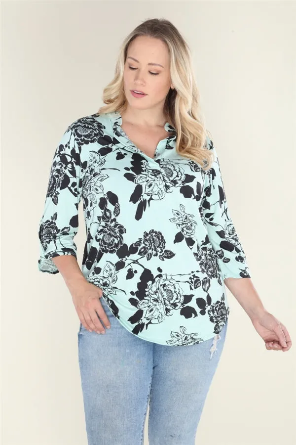 Mint Green Floral Print Plus Size Tunic Top