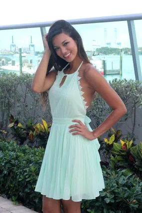 Mint Pleated Dress with Open Back