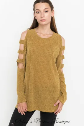 Mittoshop Cut Out Sleeve Ribbed Knit Top - Mustard