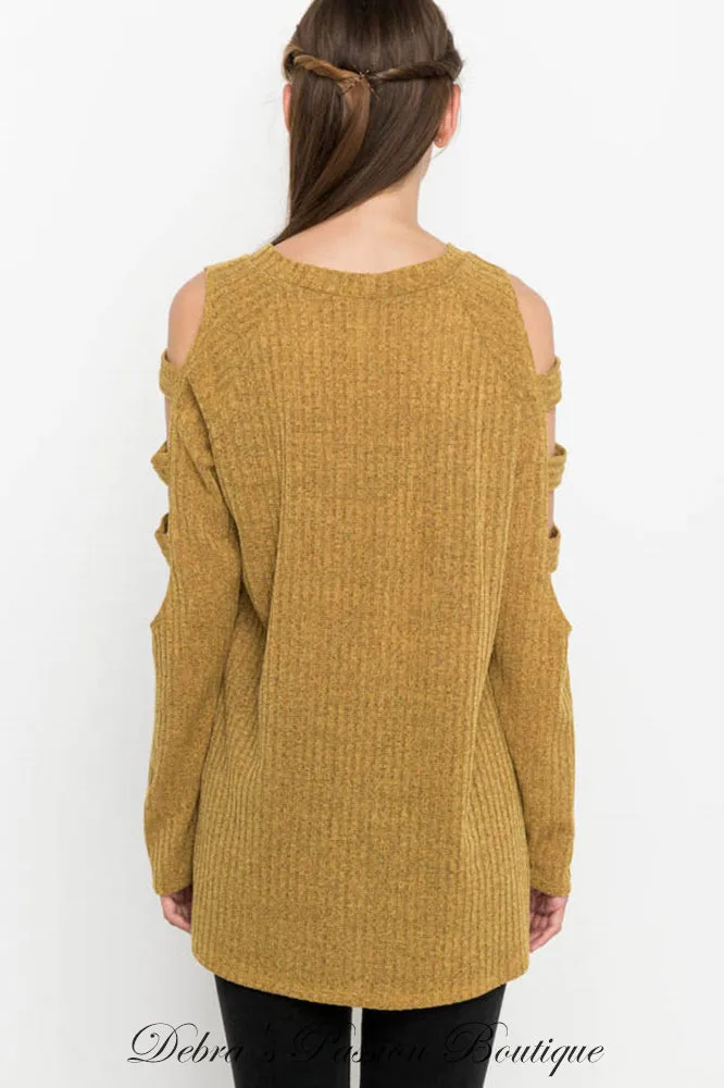 Mittoshop Cut Out Sleeve Ribbed Knit Top - Mustard