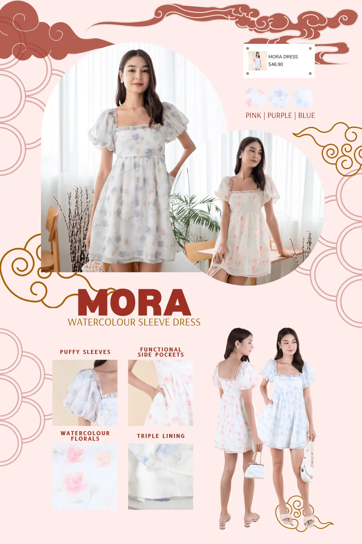 MORA WATERCOLOUR SLEEVE DRESS IN BLUE