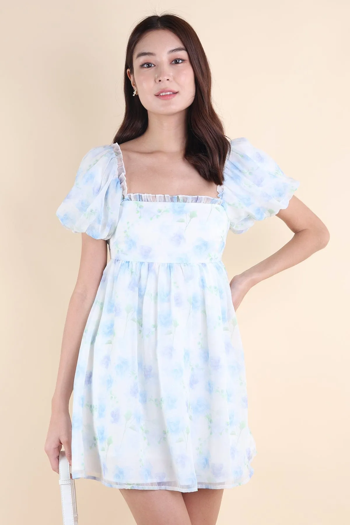 MORA WATERCOLOUR SLEEVE DRESS IN BLUE