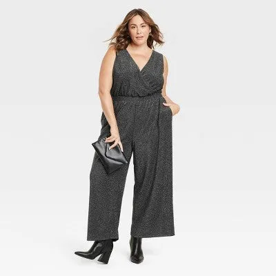 New - Women's Sparkle Knit Jumpsuit - Ava & Viv™ Black 2X