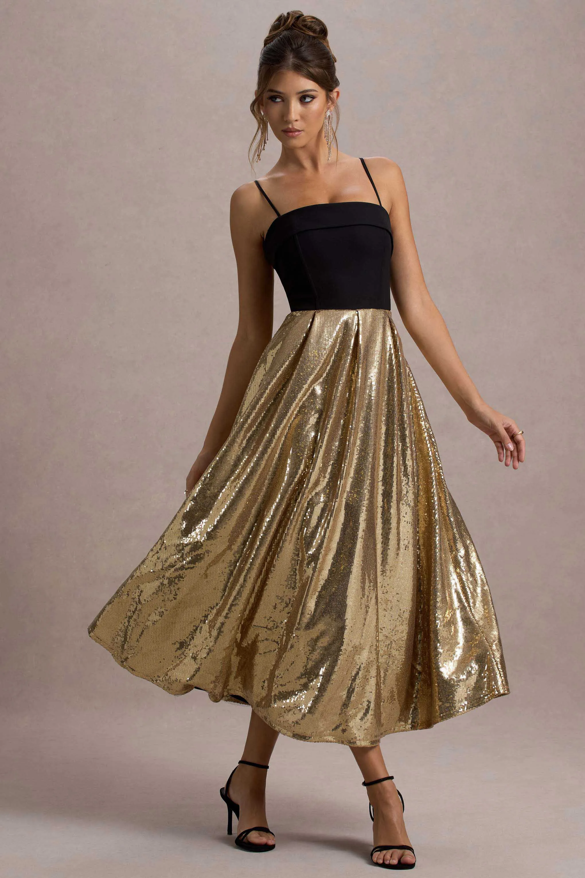 Nicci | Black & Gold Strappy Midi Dress With Sequin Skirt