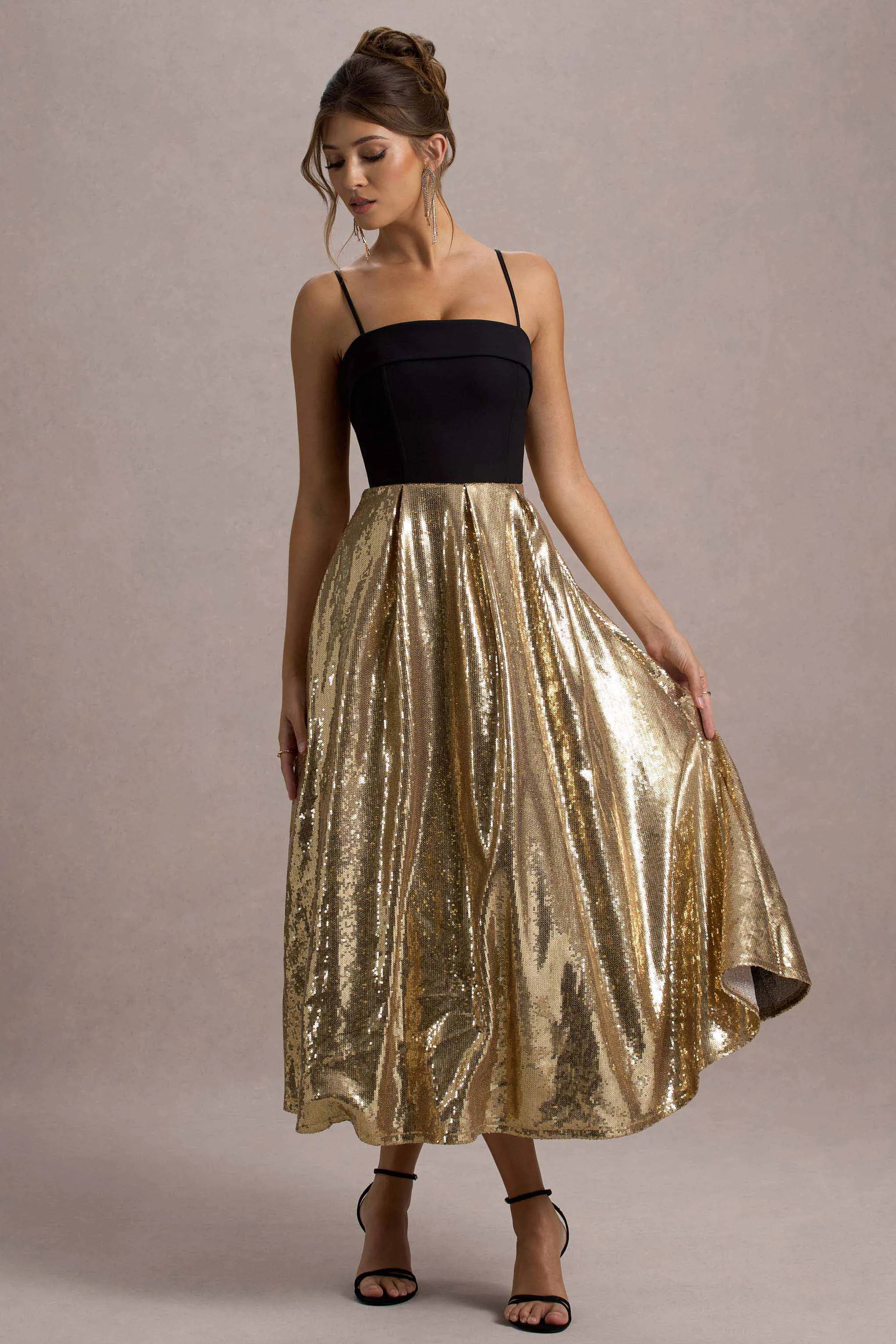 Nicci | Black & Gold Strappy Midi Dress With Sequin Skirt