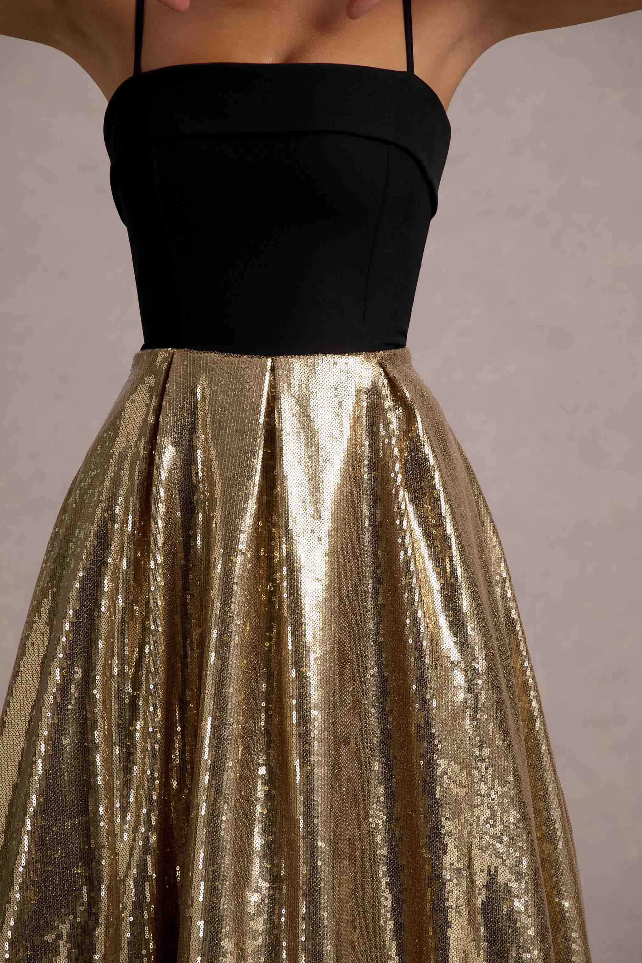 Nicci | Black & Gold Strappy Midi Dress With Sequin Skirt