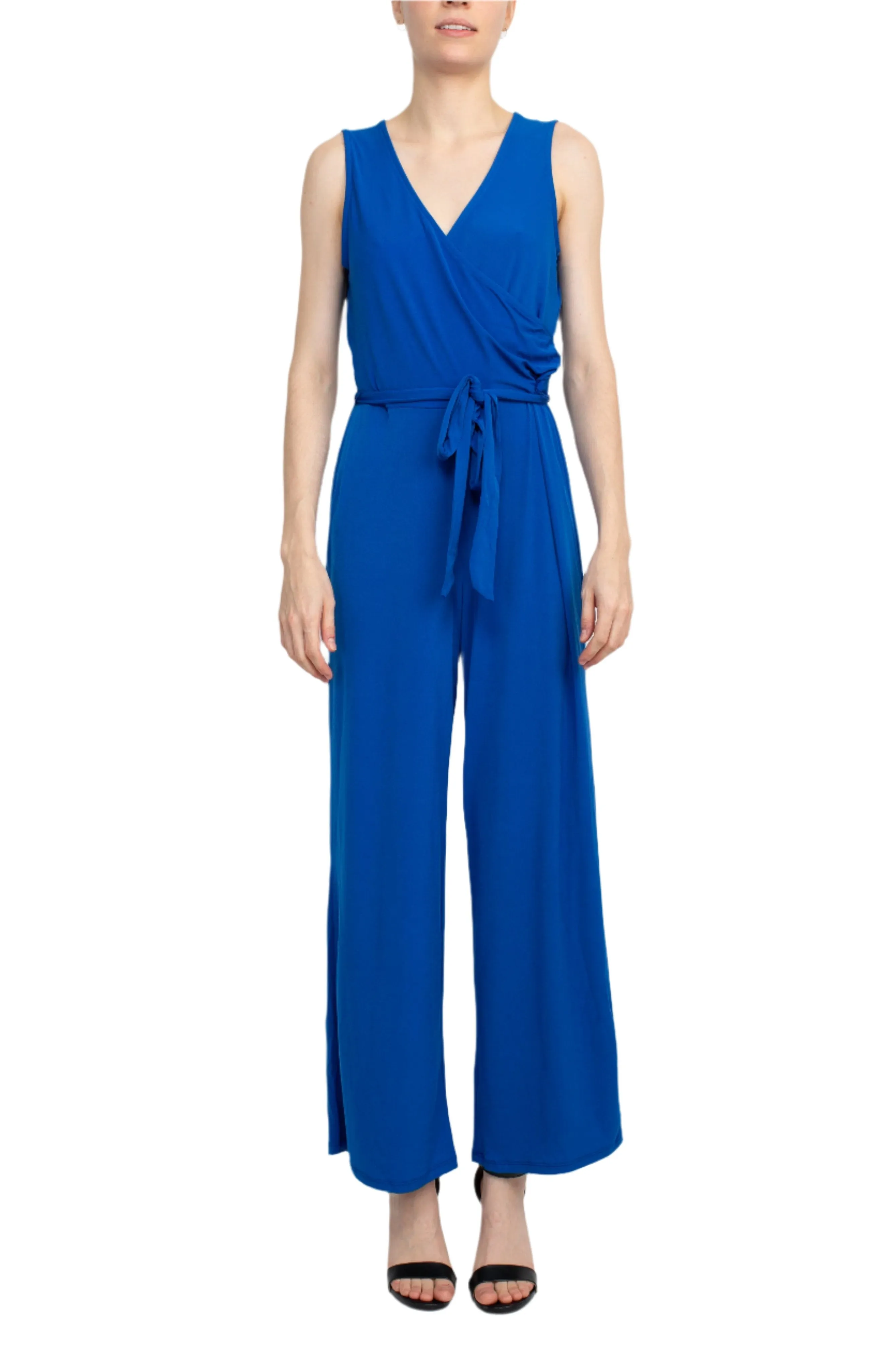 Nina Leonard V- Neck Back Zipper Sleeveless Front Tie Waist Jersey Jumpsuit