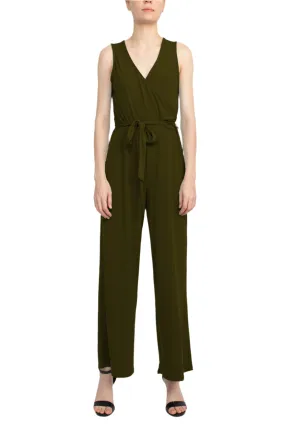 Nina Leonard V- Neck Back Zipper Sleeveless Front Tie Waist Jersey Jumpsuit