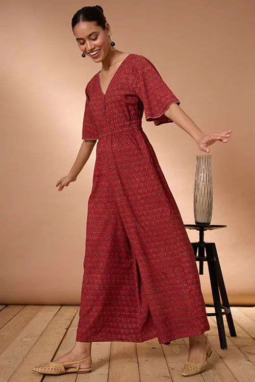 Okhai "Burnt Copper" Handblock Printed Ajrakh Pure Cotton Half-Sleeved Jumpsuit