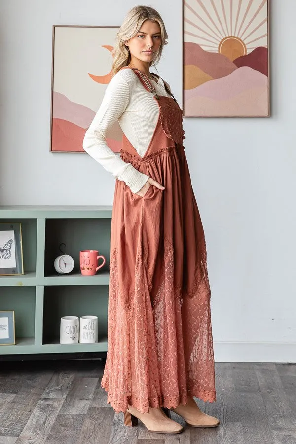 Oli & Hali Mineral Washed Solid Color Skirtall with Lace Detail in Copper Brown ON ORDER