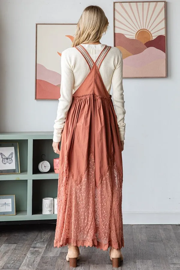 Oli & Hali Mineral Washed Solid Color Skirtall with Lace Detail in Copper Brown ON ORDER