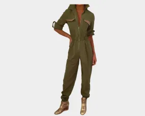 Olive Green Copper Leather Pockets Jumpsuit - The Palm Springs