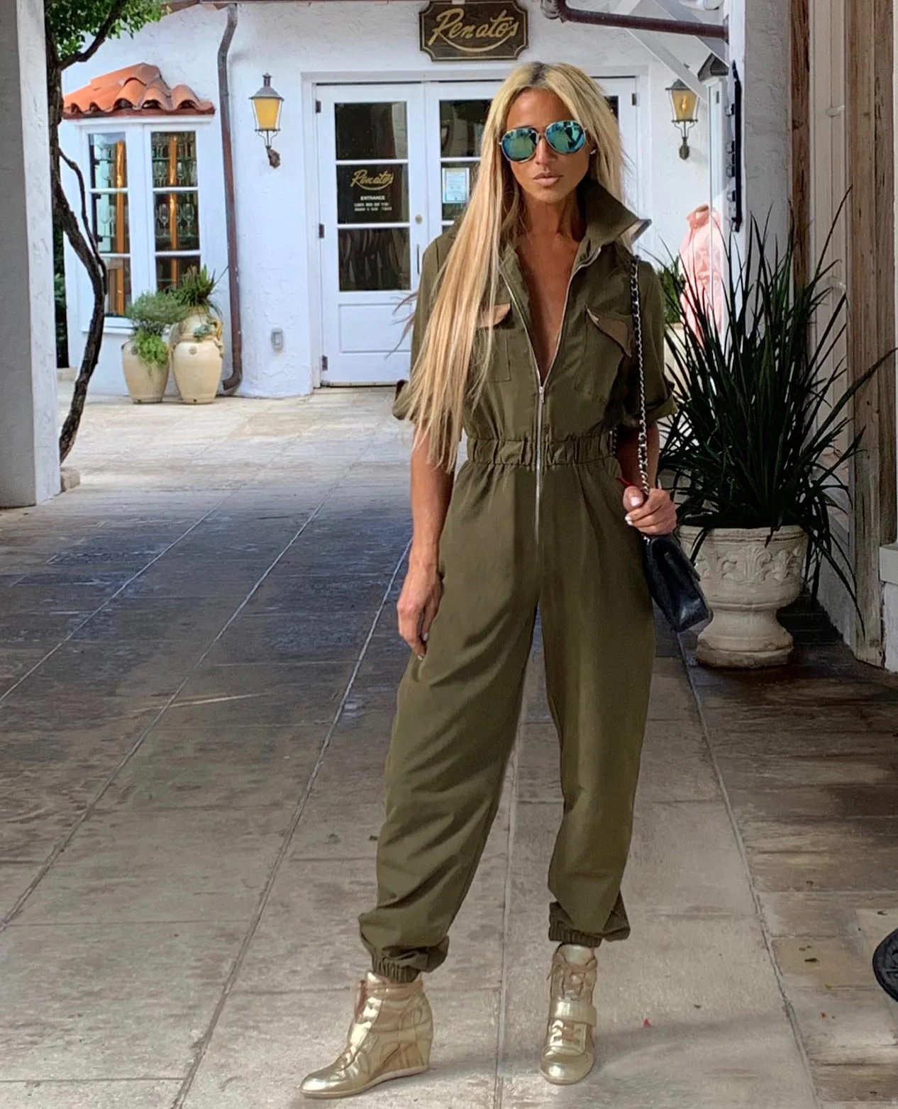 Olive Green Copper Leather Pockets Jumpsuit - The Palm Springs