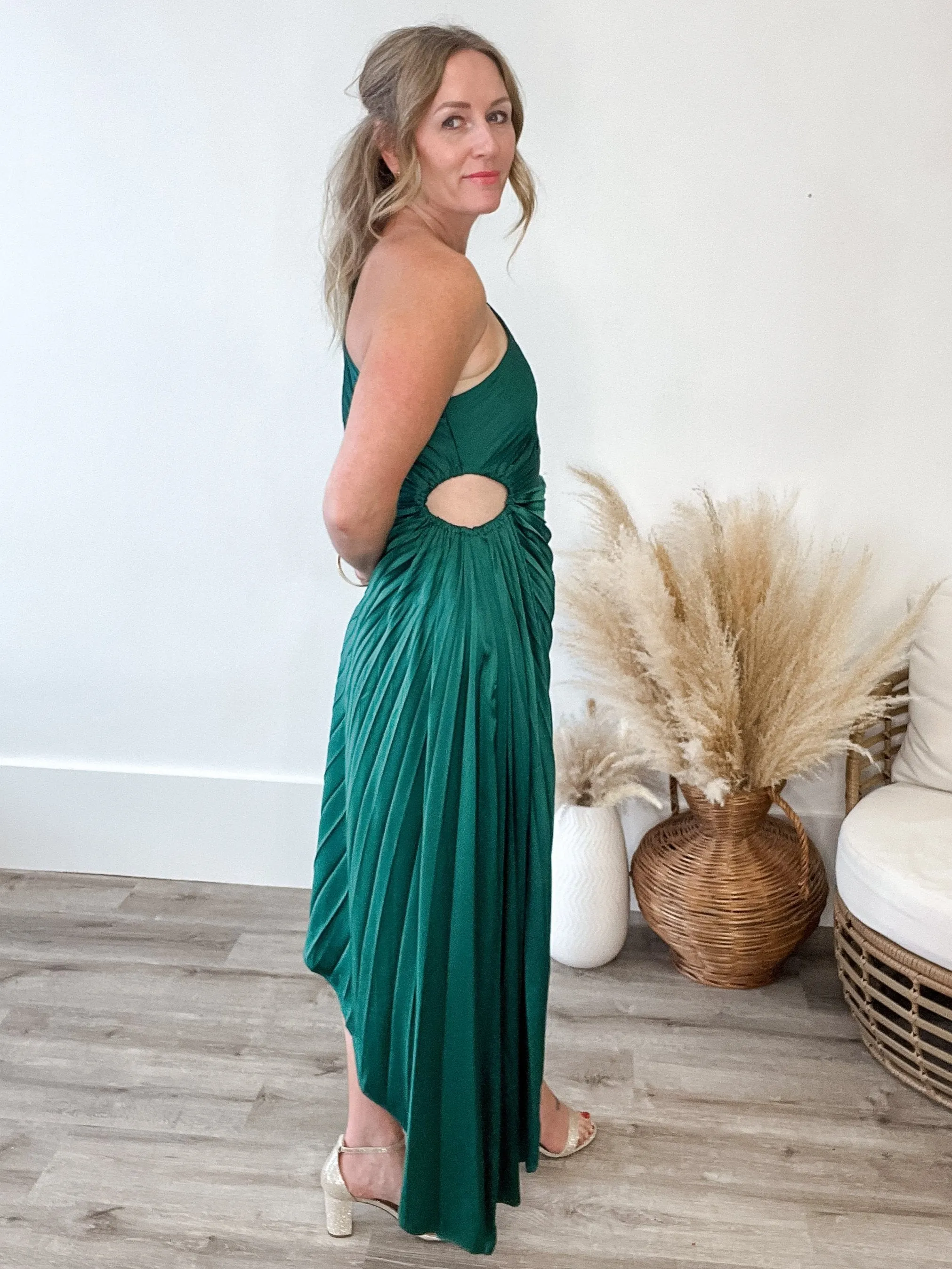 One Shoulder Pleated Dress - Sea Green