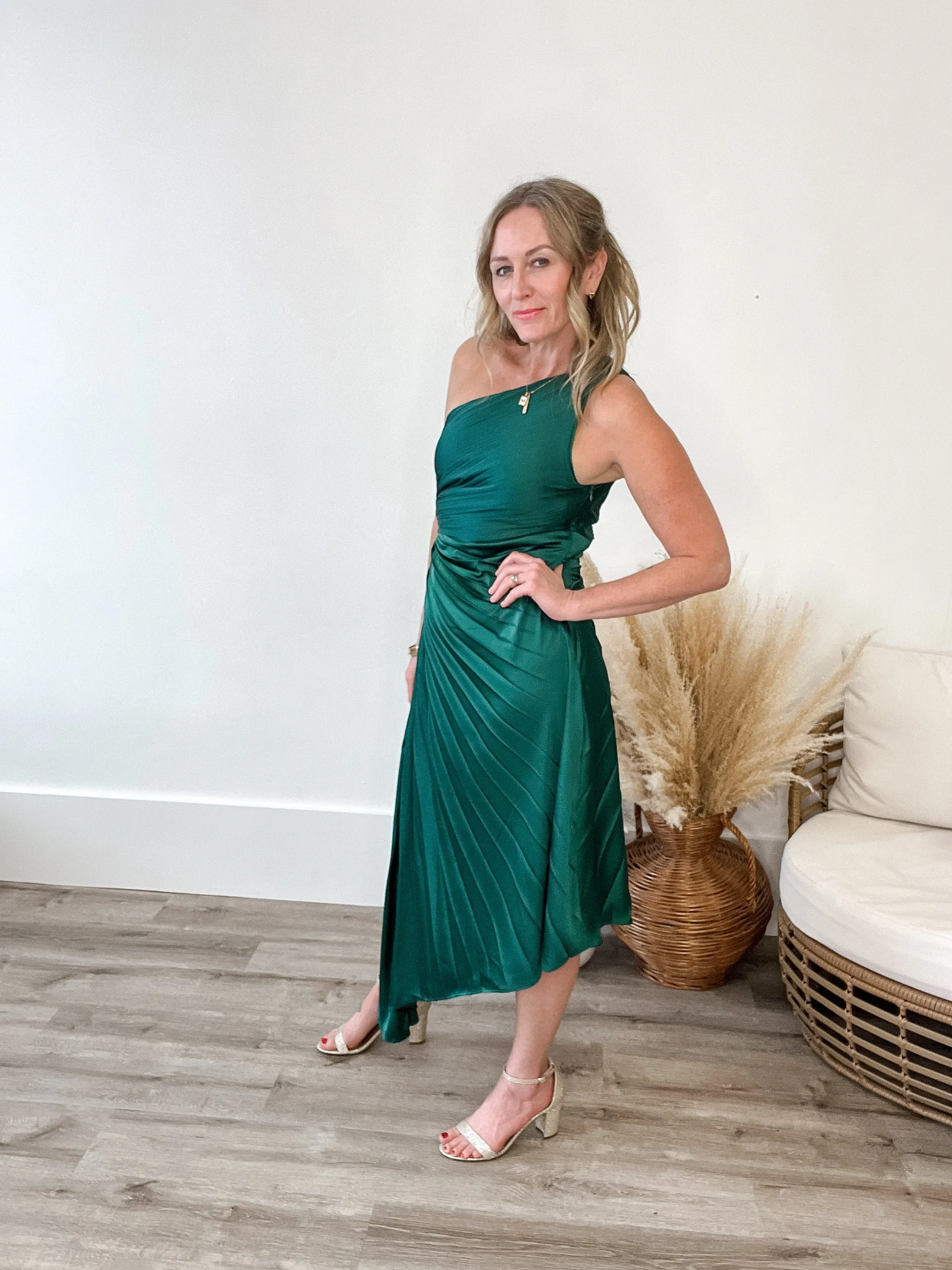 One Shoulder Pleated Dress - Sea Green