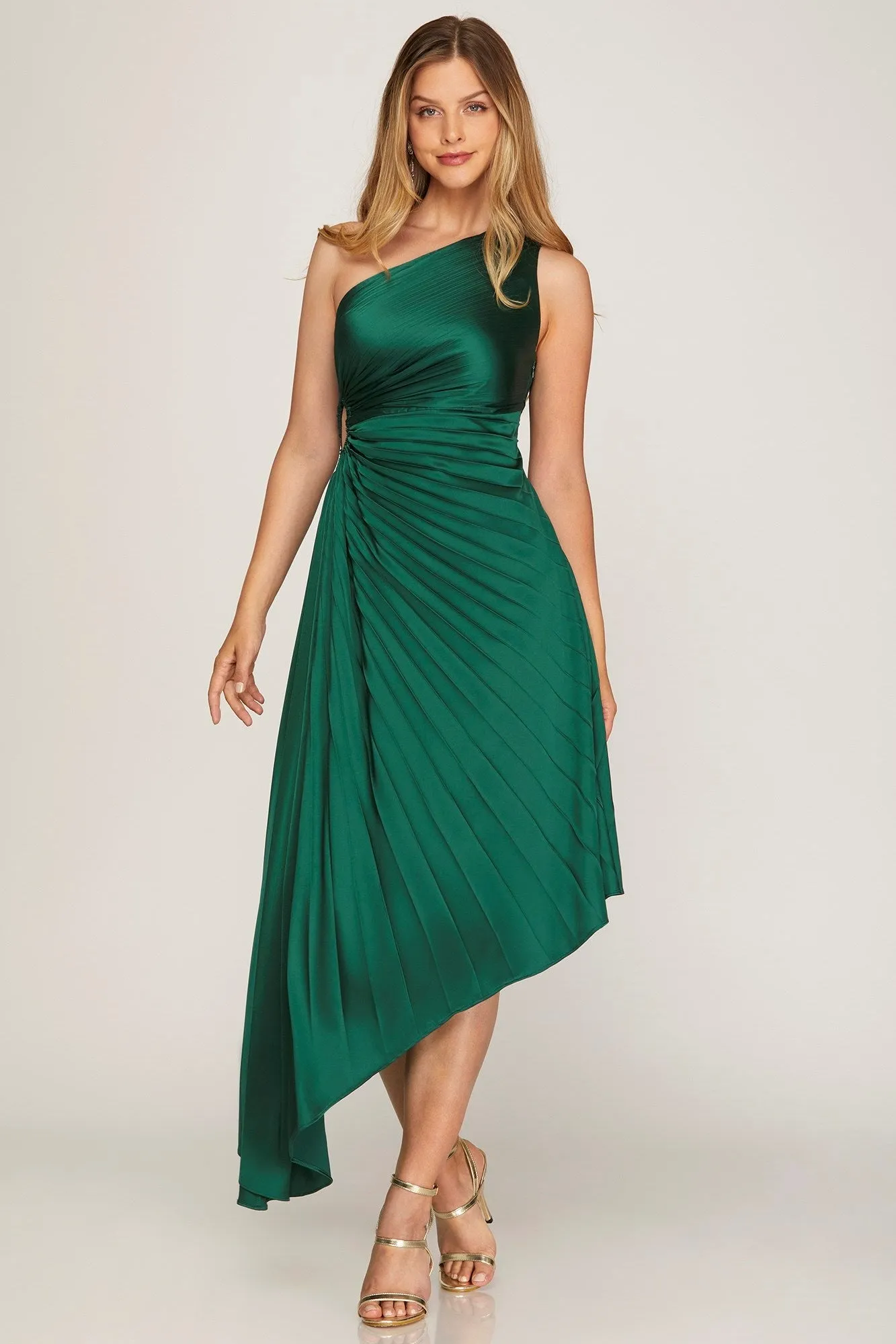 One Shoulder Pleated Dress - Sea Green