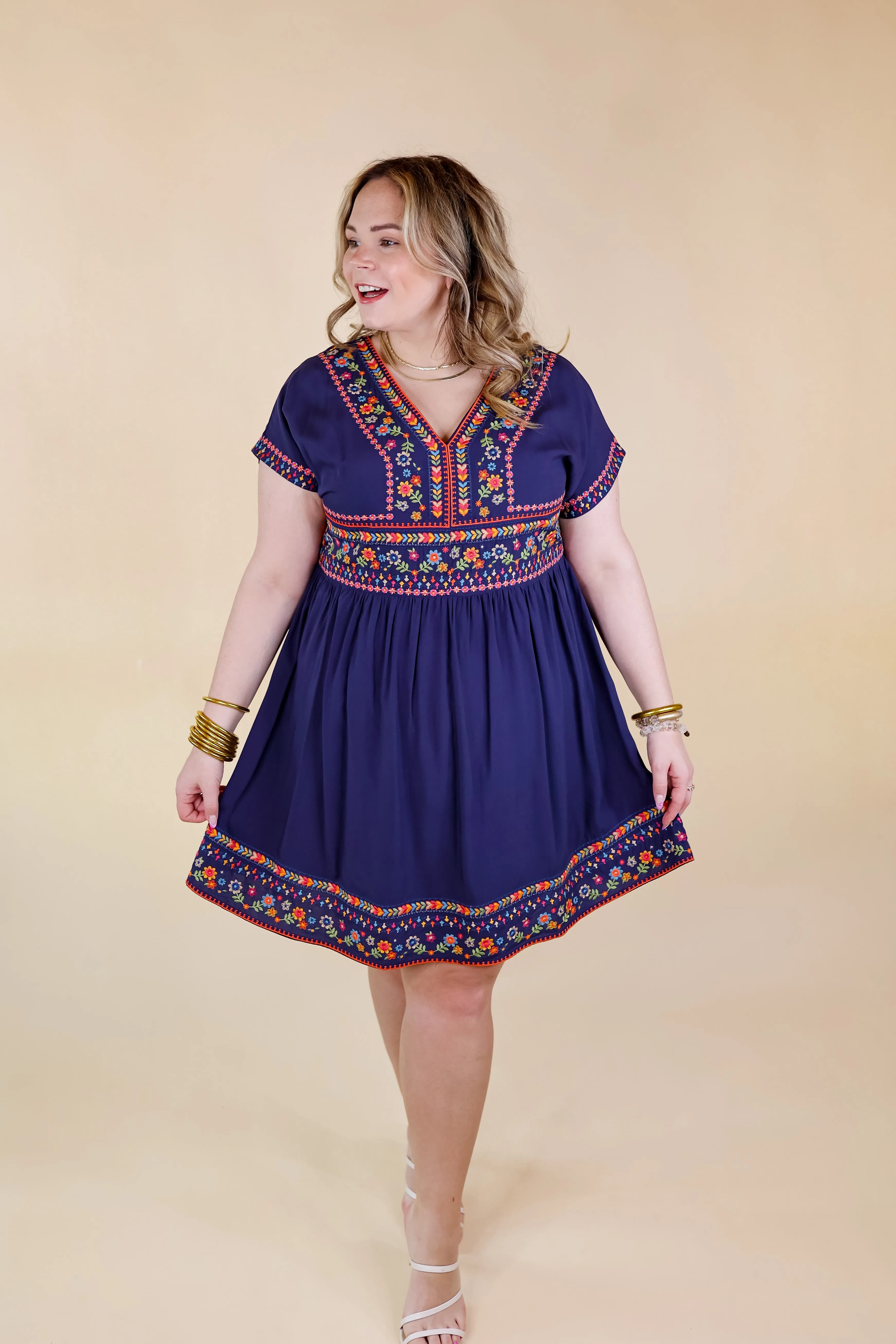 Passing Through V Neck Embroidered Dress with Short Sleeves in Navy Blue