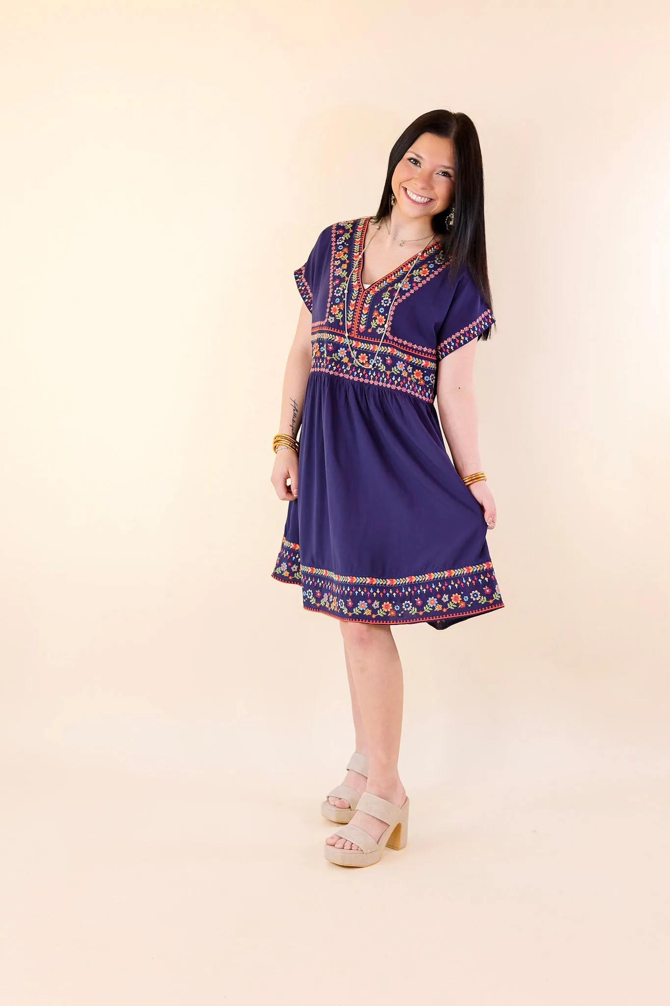 Passing Through V Neck Embroidered Dress with Short Sleeves in Navy Blue