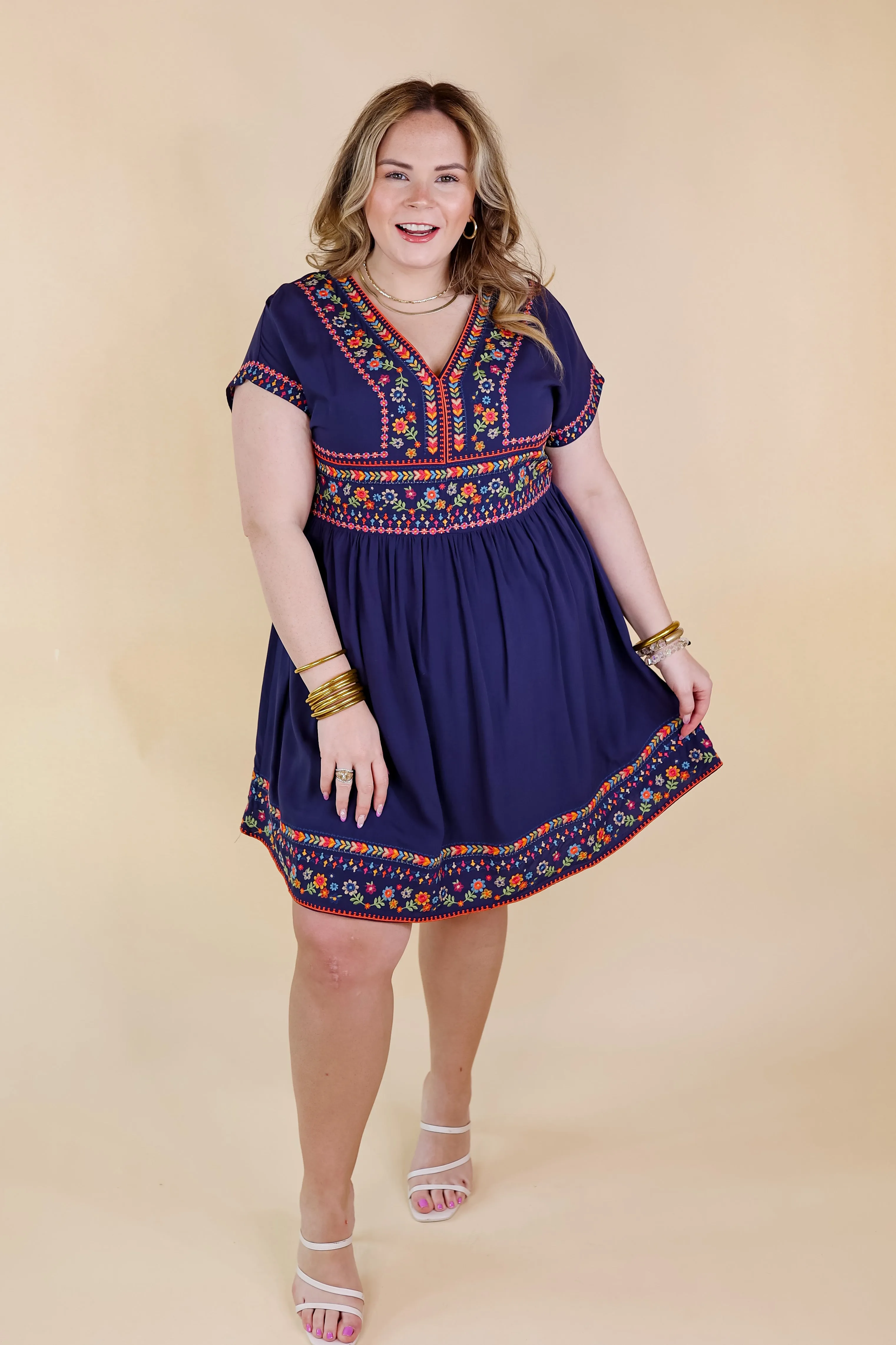 Passing Through V Neck Embroidered Dress with Short Sleeves in Navy Blue