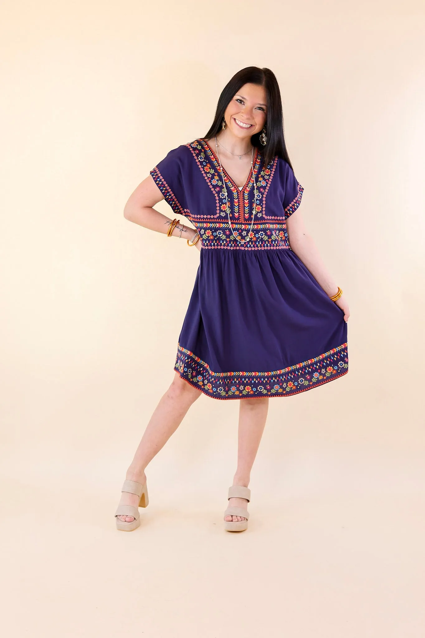 Passing Through V Neck Embroidered Dress with Short Sleeves in Navy Blue