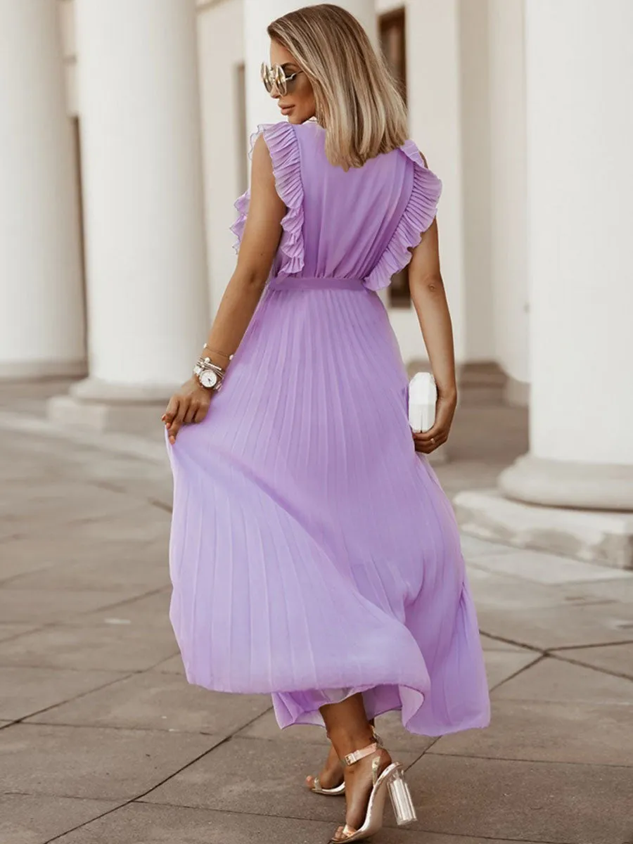 Petal Short Sleeves Solid Color V Neck Pleated Skirt Boho Dress