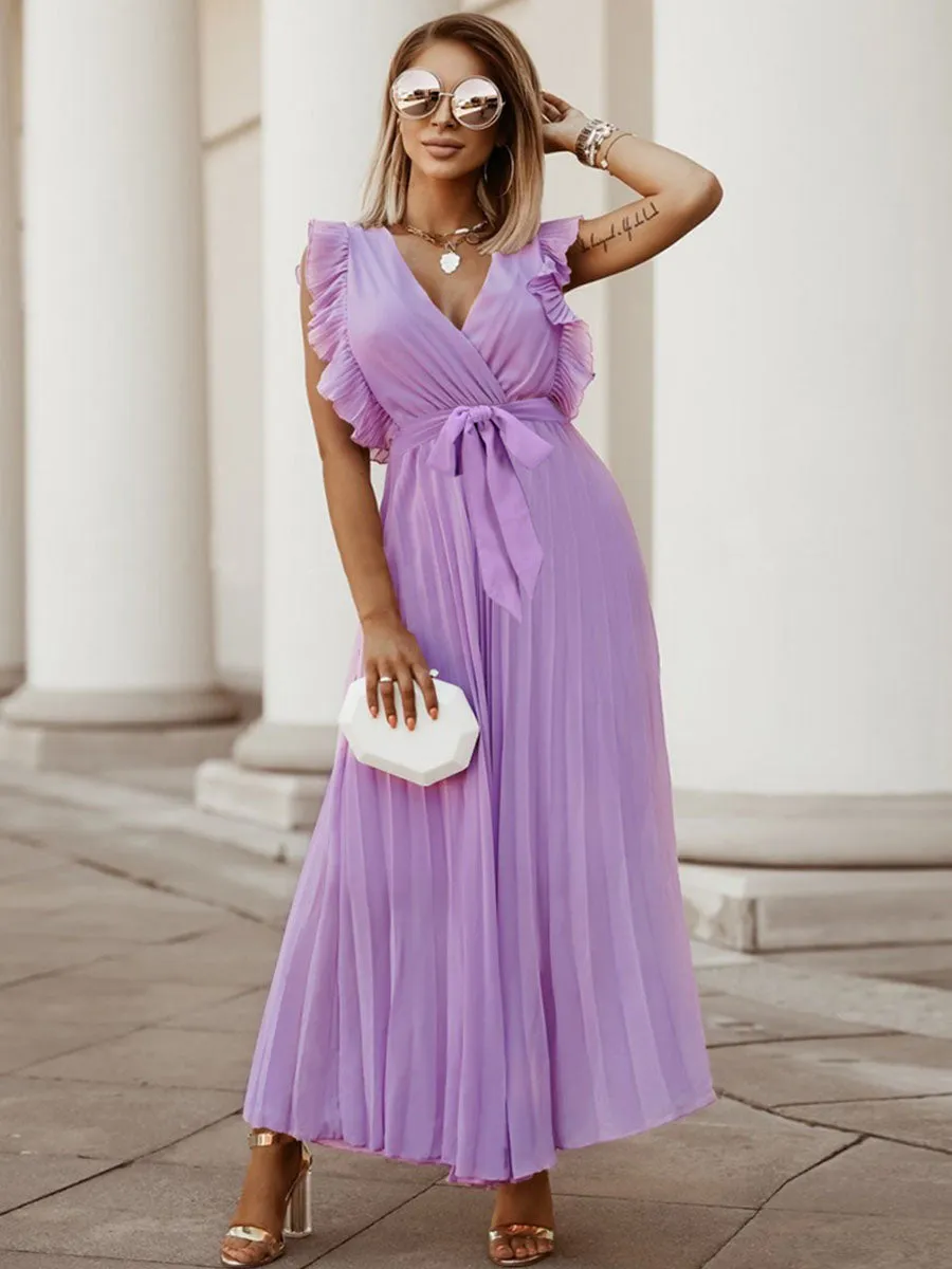 Petal Short Sleeves Solid Color V Neck Pleated Skirt Boho Dress