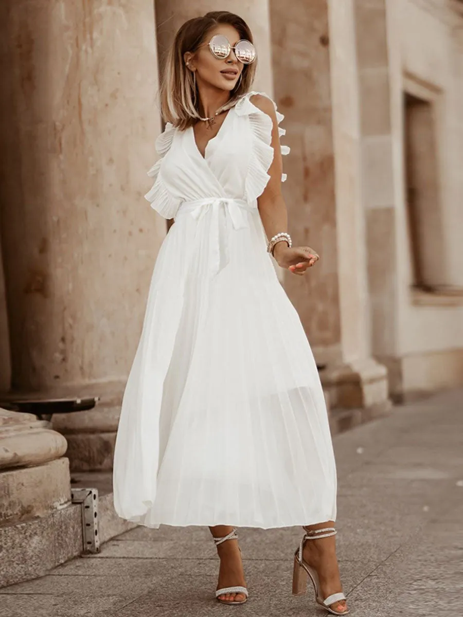 Petal Short Sleeves Solid Color V Neck Pleated Skirt Boho Dress