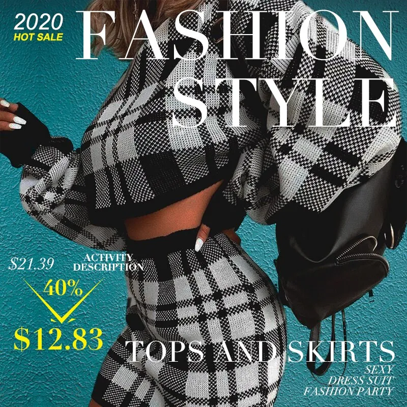 Plaid Sweater Outfit Crop Top and Skirt Sets