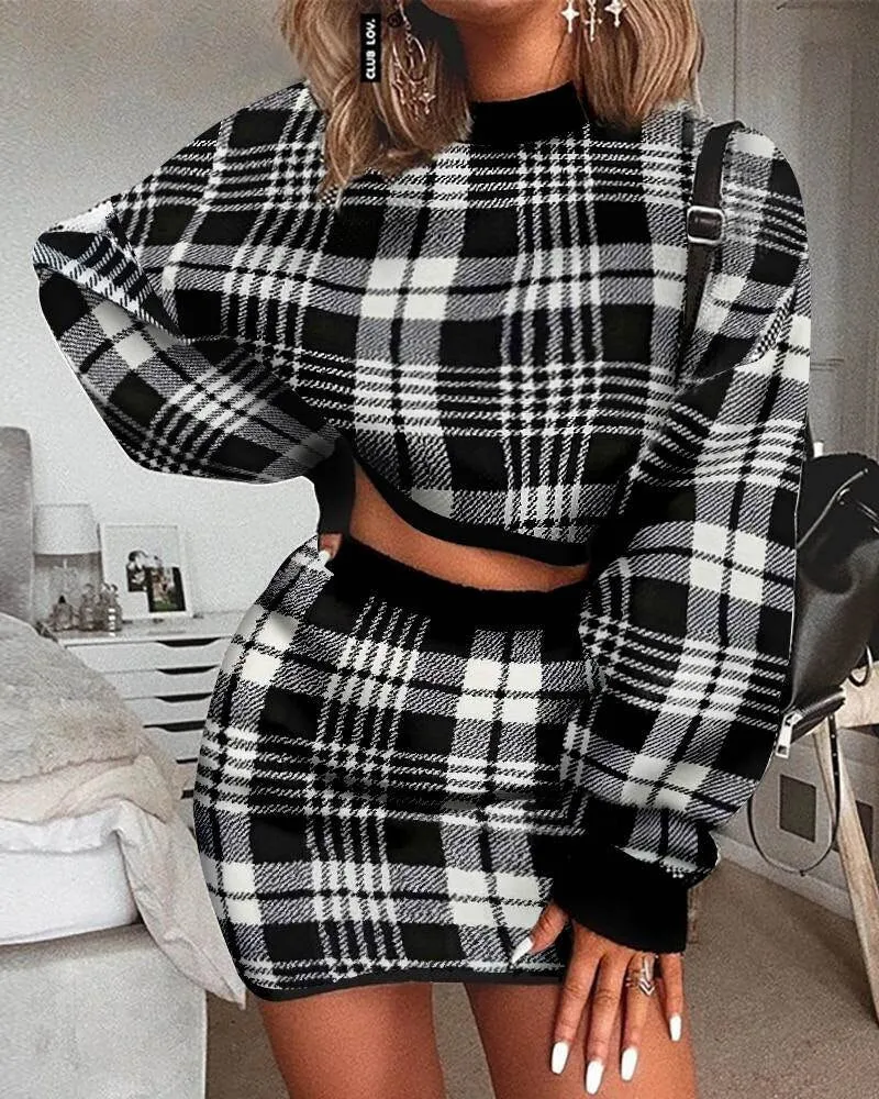 Plaid Sweater Outfit Crop Top and Skirt Sets