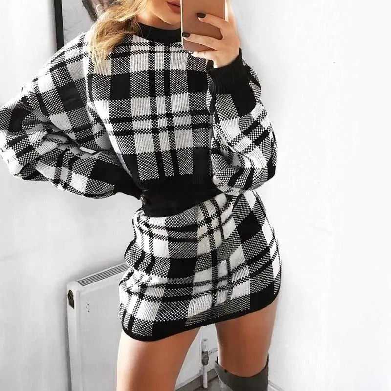 Plaid Sweater Outfit Crop Top and Skirt Sets