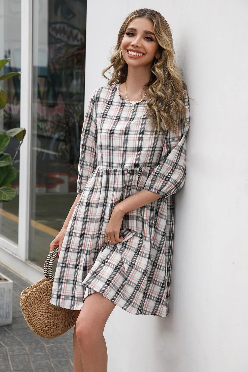 Plaid Three-quarter Sleeve Babydoll Dress