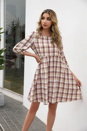 Plaid Three-quarter Sleeve Babydoll Dress