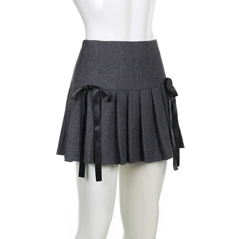 Pleated bowknot contrast high rise A line mini skirt