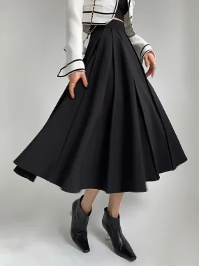 Pleated High Rise Umbrella A-Line Midi Skirt - Black