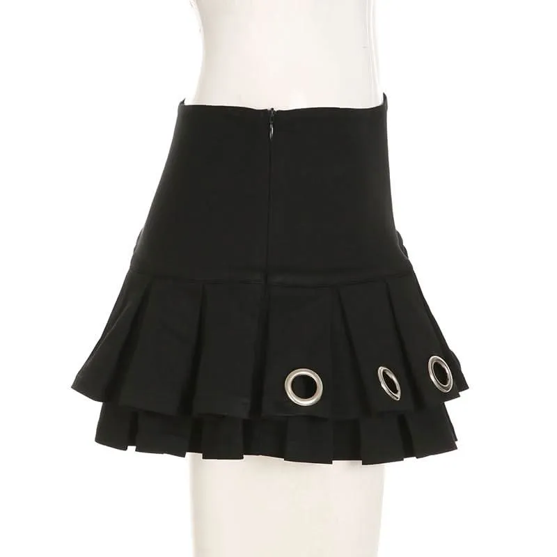 Pleated metal ring zip-up mini skirt