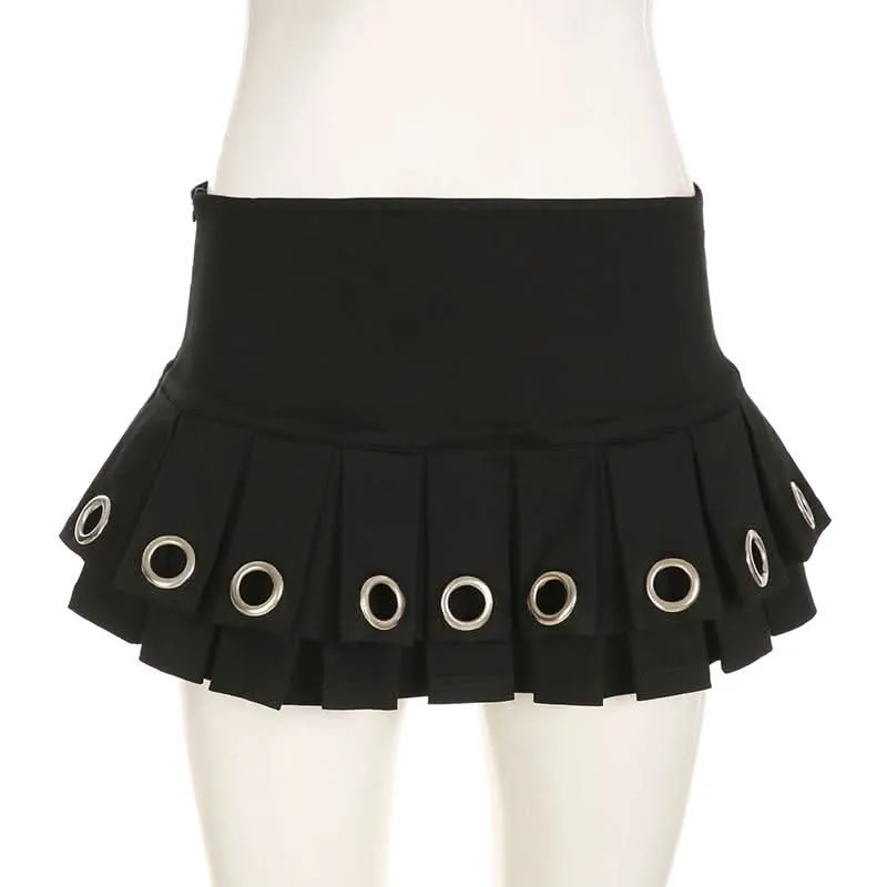 Pleated metal ring zip-up mini skirt