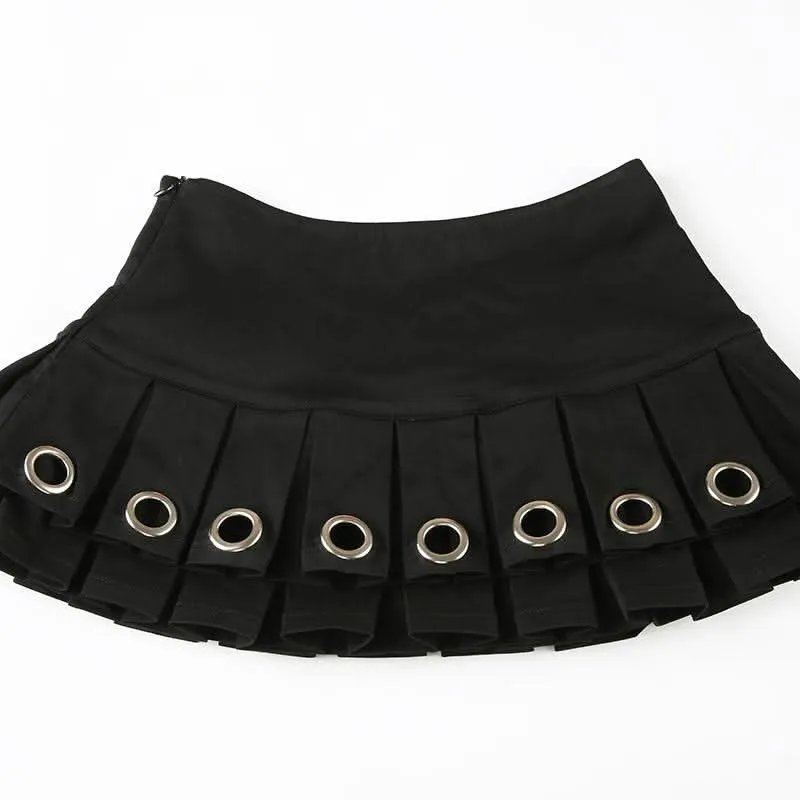 Pleated metal ring zip-up mini skirt