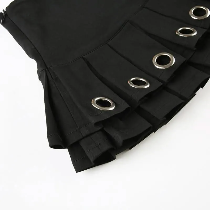 Pleated metal ring zip-up mini skirt