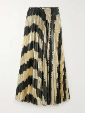 Pleated printed lamé maxi skirt