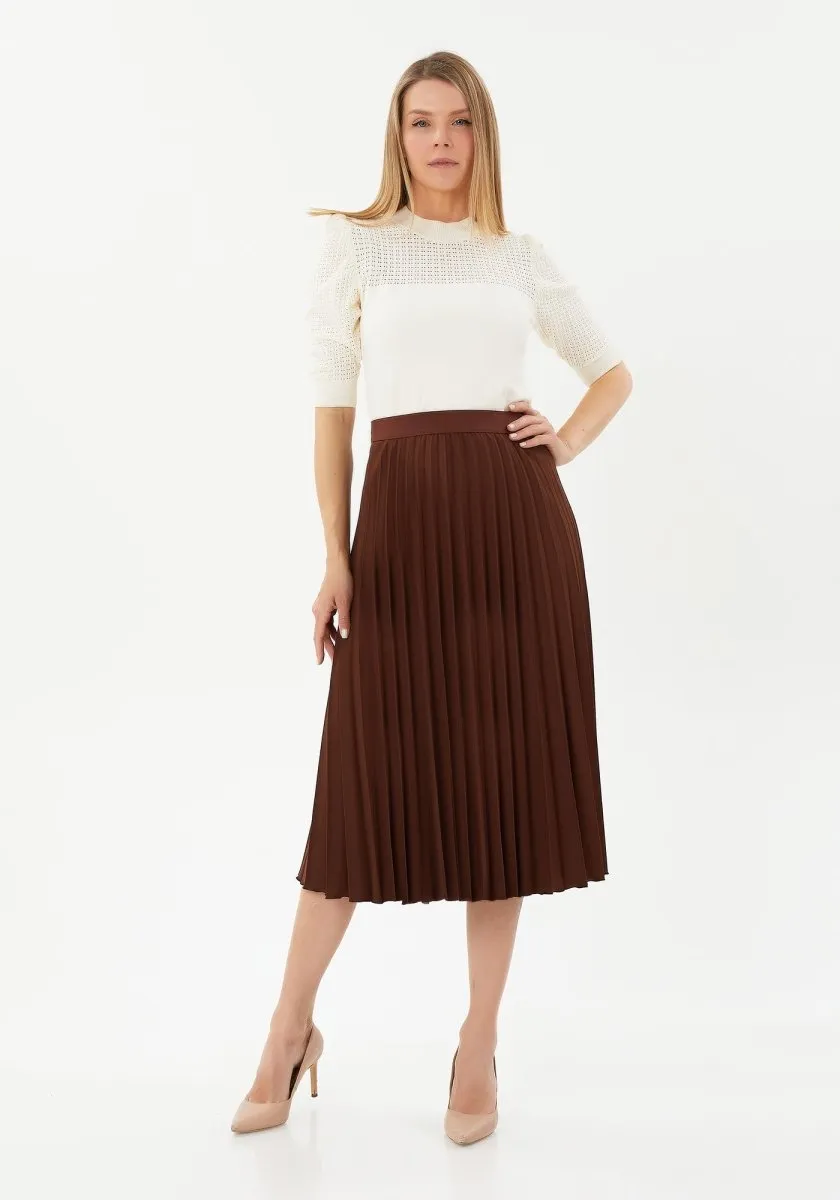 Pleated Skirt High Waist Elastic Waist Band Midi Skirt