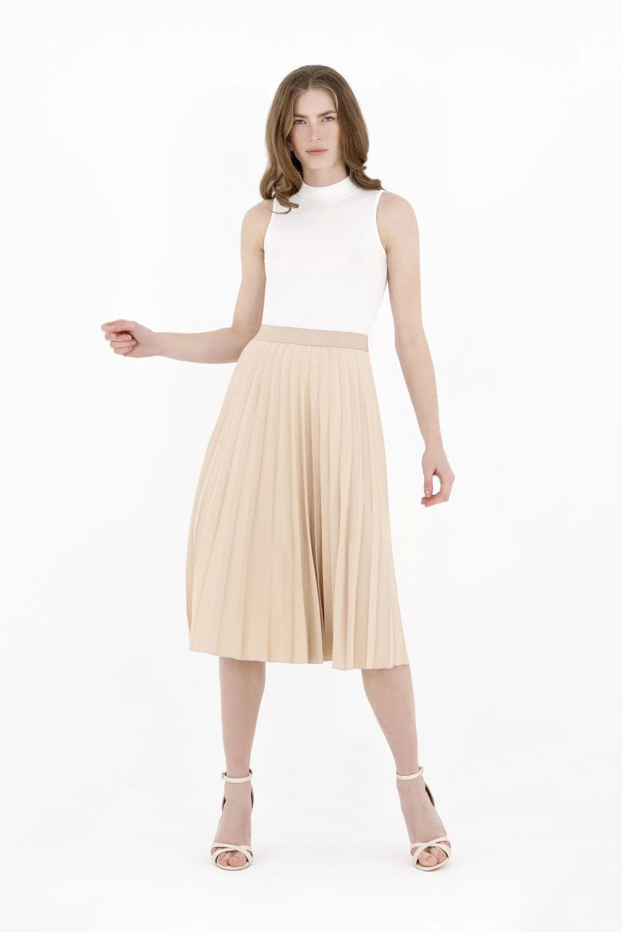 Pleated Skirt High Waist Elastic Waist Band Midi Skirt