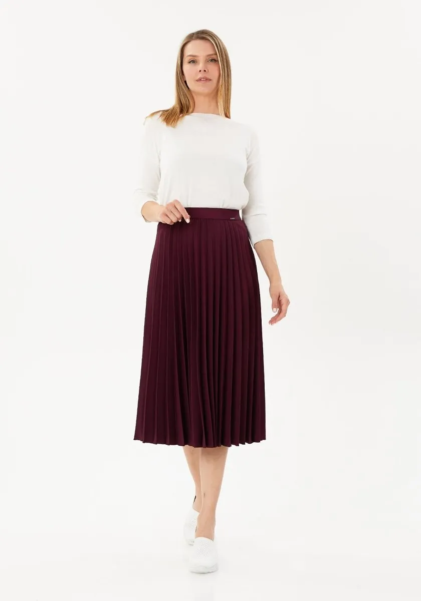 Pleated Skirt High Waist Elastic Waist Band Midi Skirt